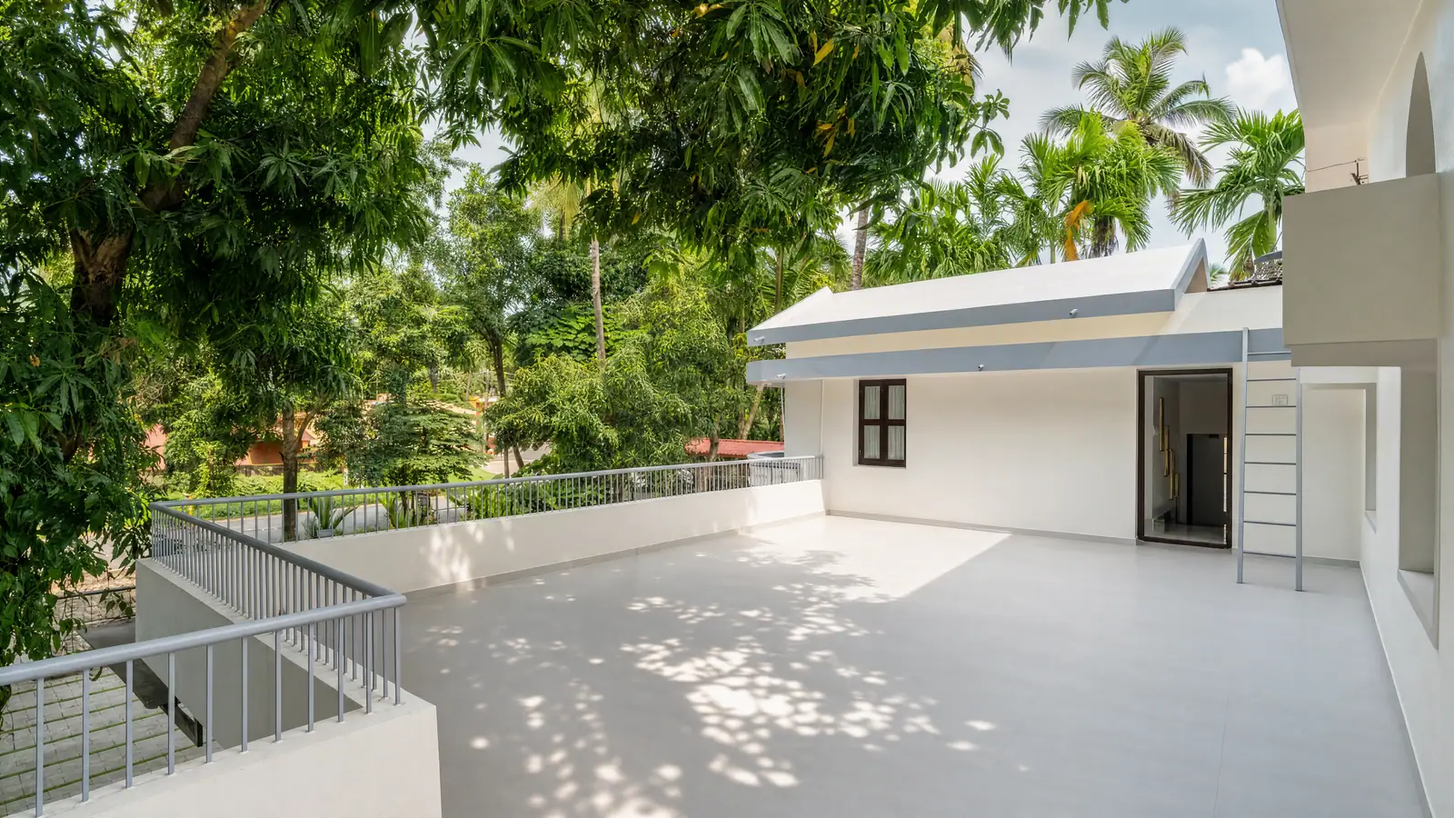 The wide, sun-dappled terrace — shaded by old trees and ringed by coconut palms.